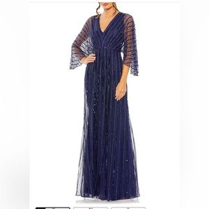 Mac Duggal Kimono Sleeve, Stripe, Sequins/ Beads Gown, Navy, Sz 16
